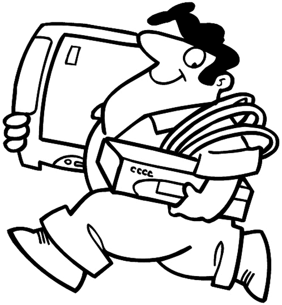 Man carrying TV and cable box to install vinyl sticker. Customize on line. Radio Television Video 078-0171